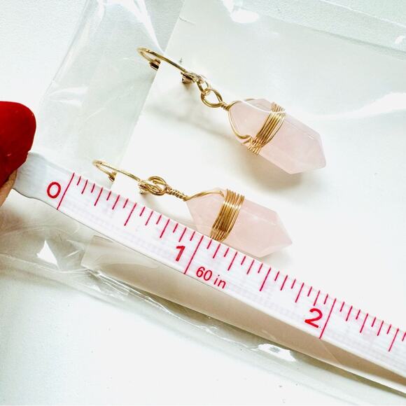 Rose Quartz Gold Handmade Boho Gemstone Crystal Hoop Earrings Hoops Jewelry - Picture 9 of 10